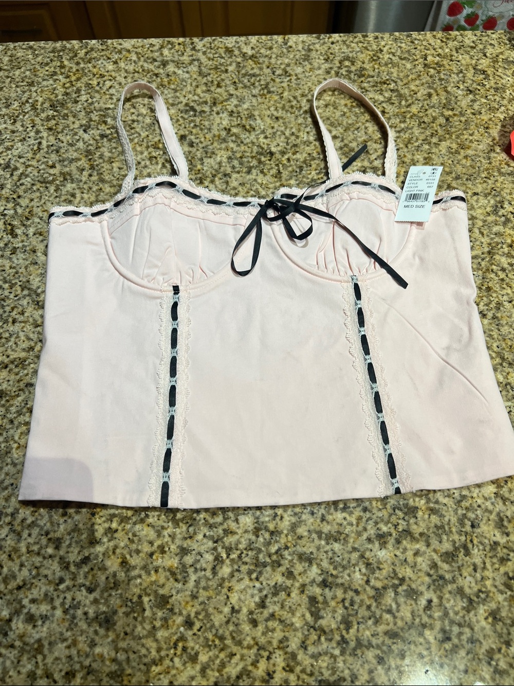 Pink Lace-Trim Bustier Chemise with Black Ribbon Accent